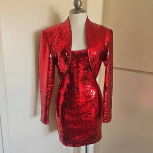 Tom & Linda Platt Vtg. Ruby Red Sequin 2 pc. Tank Dress & Bolero Jkt, S, Amazing